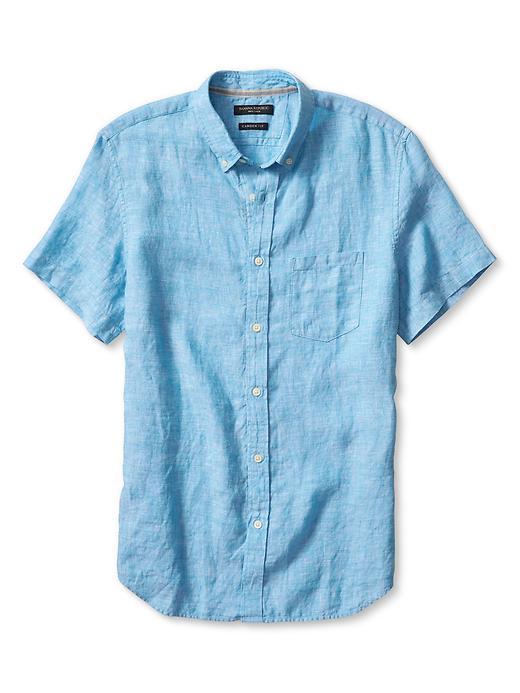 Banana Republic Mens Camden Fit Linen Short Sleeve Shirt Size L Tall - Blue