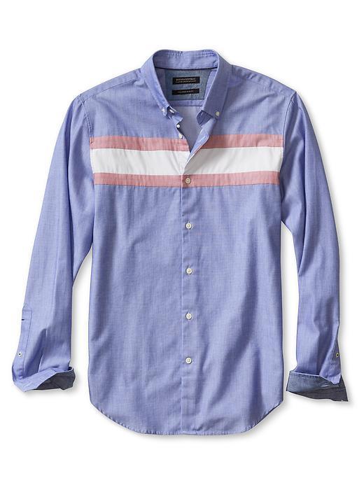 Banana Republic Mens Grant Fit Custom 078 Wash Chest Stripe Shirt Size L Tall - Marina Blue