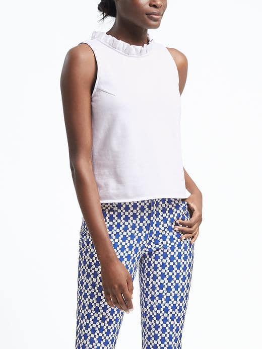 Banana Republic Womens Twill Ruffle Neck Sleeveless Top - White