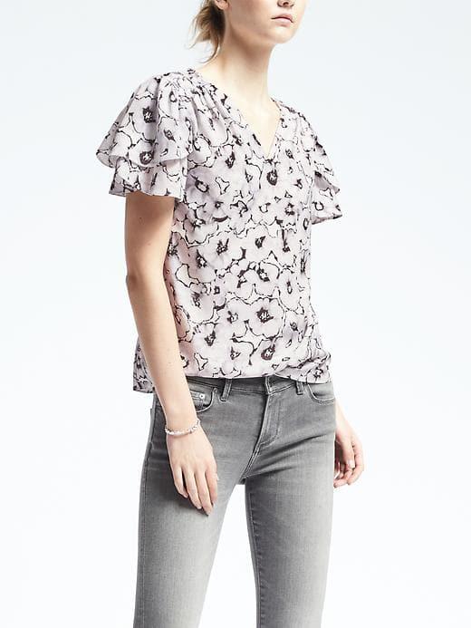 Banana Republic Easy Care Print Ruched Yoke Top - White