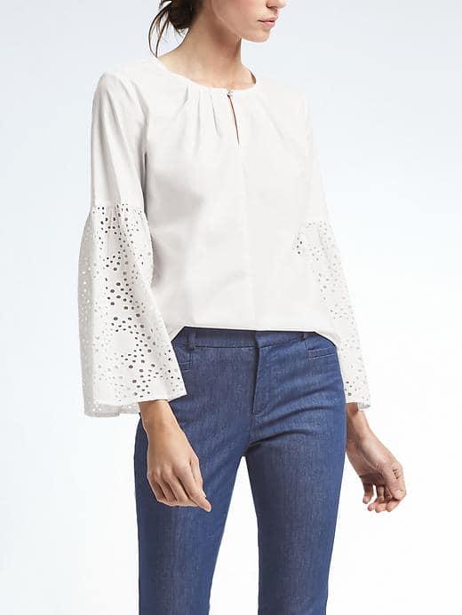 Banana Republic Womens Easy Care Eyelet Flare Sleeve Shirt - White