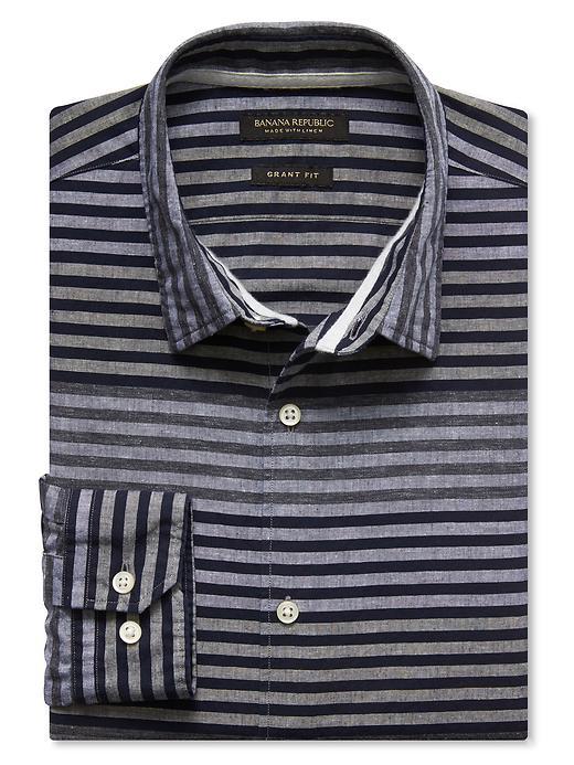 Banana Republic Mens Grant Fit Multi Stripe Cotton Linen Shirt Size L Tall - Navy Heather