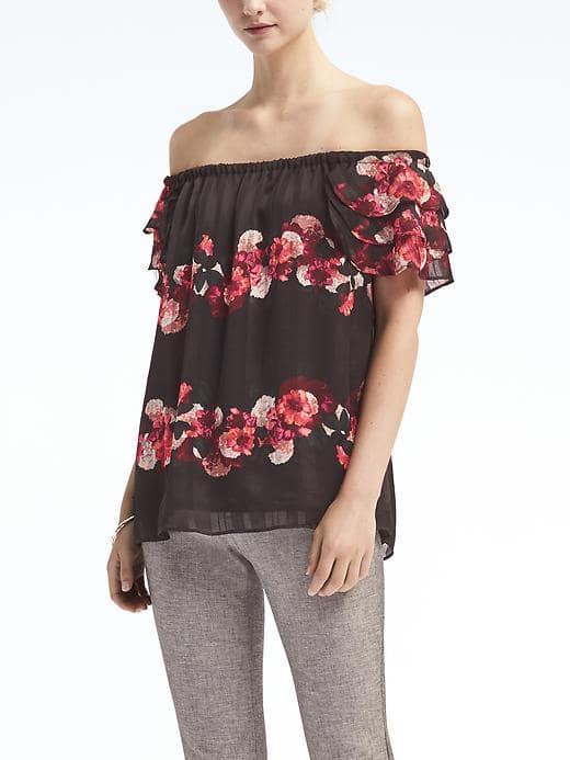 Banana Republic Floral Off The Shoulder Ruffle Top - Black
