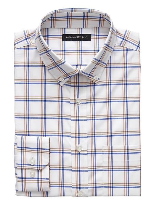 Banana Republic Mens New Slim-fit Tech-stretch Cotton Plaid Shirt Honey Gold Size L