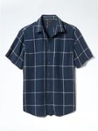 Banana Republic Mens Camden Fit Check Linen Short Sleeve Shirt - Charcoal