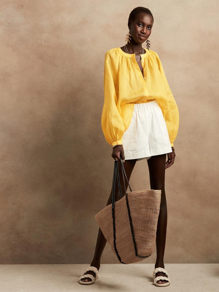 Ramie Balloon-sleeve Blouse