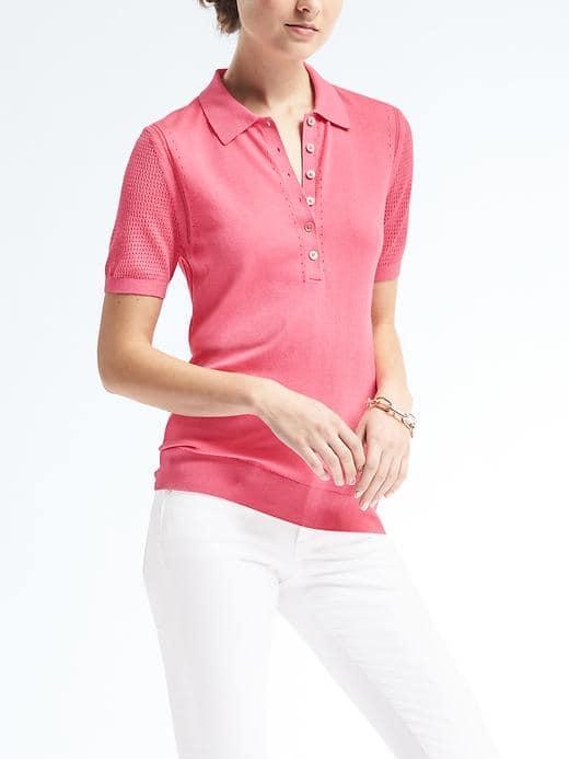 Banana Republic Womens Silk Cotton Pointelle Polo - Strawberry