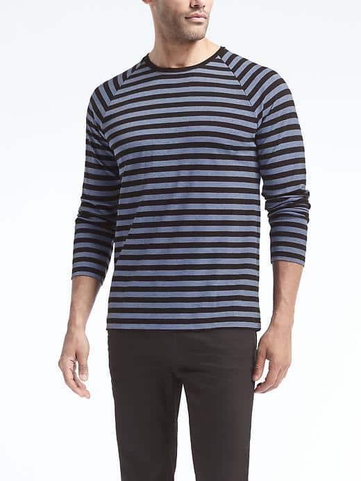 Banana Republic Mens Luxury Touch Long Sleeve Stripe Raglan Crew - Cerulean Blue
