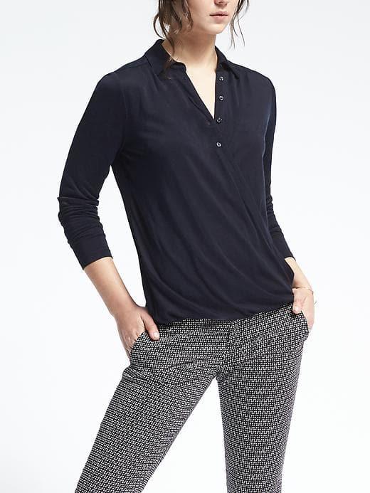 Banana Republic Womens Jersey Faux Wrap Shirt - Preppy Navy