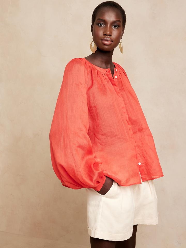 Petite Ramie Balloon-sleeve Blouse