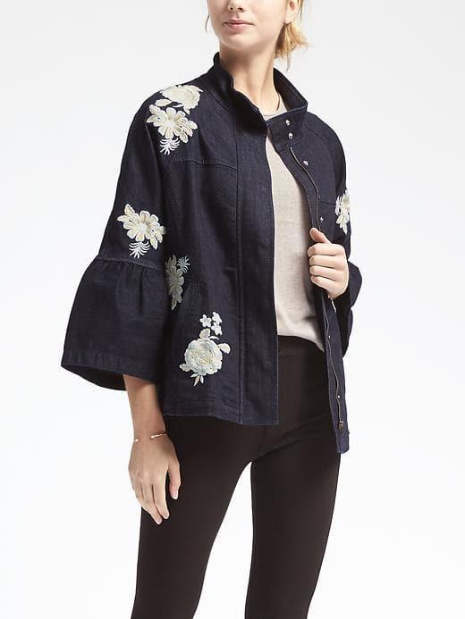 Banana Republic Womens Embroidered Ruffle Sleeve Denim Jacket - Rinse
