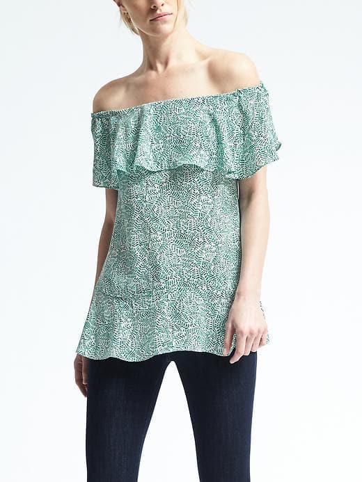 Banana Republic Womens Easy Care Palm Print Off Shoulder Top - Green