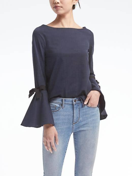 Banana Republic Womens Bow Bell Sleeve Top - Navy