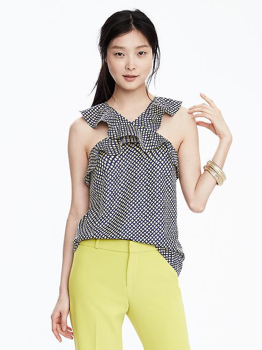 Banana Republic Print Cross Neck Top Size L Petite - Stowaway Blue