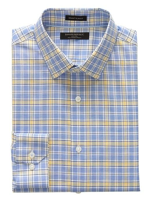 Banana Republic Mens Grant Slim-fit Non-iron Plaid Shirt Damselfish Blue Size Xxs