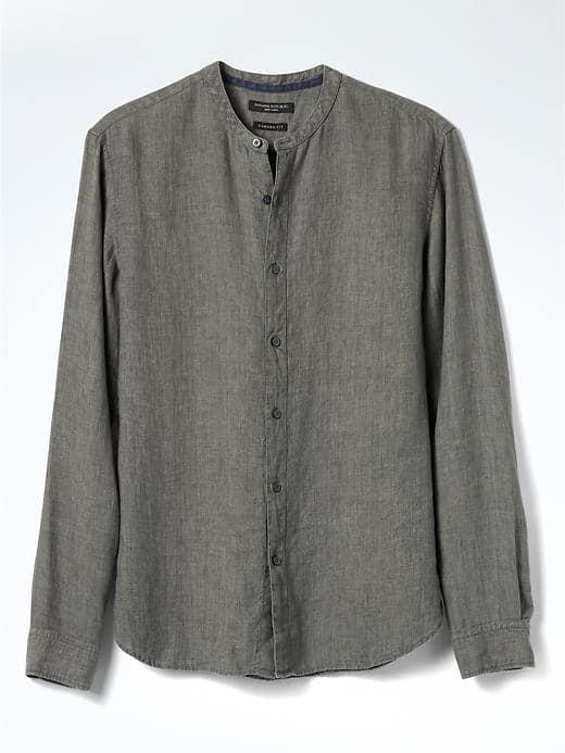 Banana Republic Mens Camden Fit Linen Banded Collar Shirt - Dark Green Heather