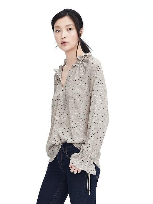 Banana Republic Womens Dot Print Neck Tie Blouse - Artisan Grey