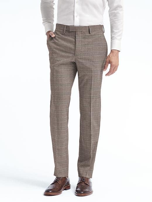 Banana Republic Mens Slim Plaid Performance Stretch Wool Dress Pant - Fall Khaki