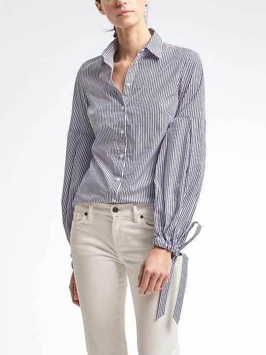 Banana Republic Riley Fit Pleated Bell Sleeve Shirt - Navy