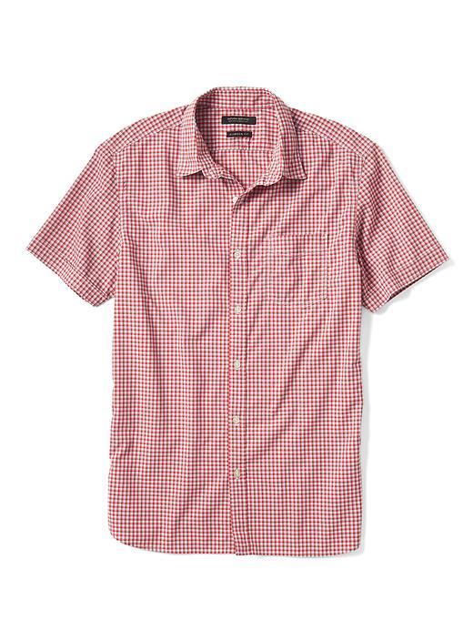Banana Republic Mens Camden Fit Short Sleeve Red Check Custom 078 Wash Shirt - Red