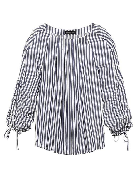 Banana Republic Womens Stripe Drawstring-sleeve Top Blue Dusk Size Xl