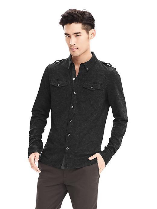 Banana Republic Mens Luxe Touch Birdseye Military Shirt Size L Tall - Black