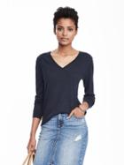 Banana Republic Womens Extra Fine Merino Wool Pointelle Vee Pullover Size L - Midnight Navy