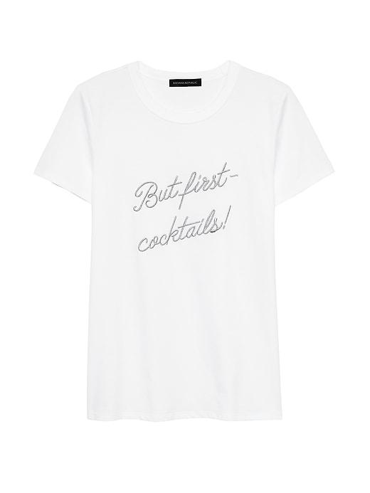 Banana Republic Womens Supima Cotton But First Cocktails Graphic T-shirt Pure White With Silver Embroidery Size S