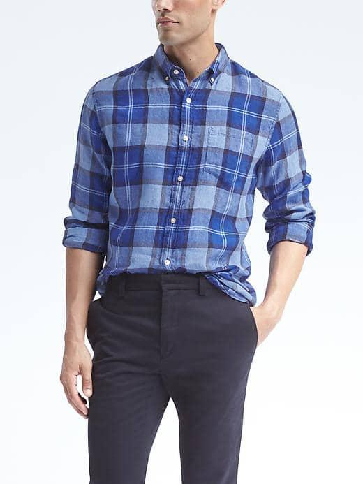 Banana Republic Mens Camden Fit Plaid Linen Shirt - Montego Bay