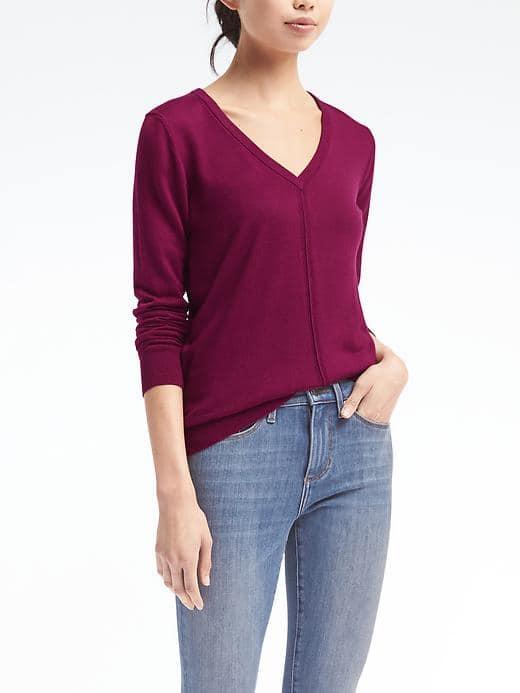 Banana Republic Womens Silk Casmere Vee Pullover - Raspberry