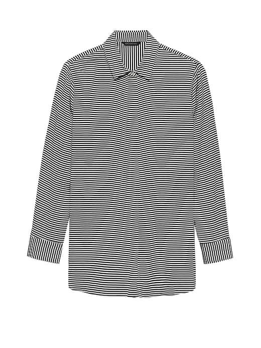 Banana Republic Womens Life In Motion Parker Tunic-fit Stripe Washable Stretch Silk Shirt Navy Size S