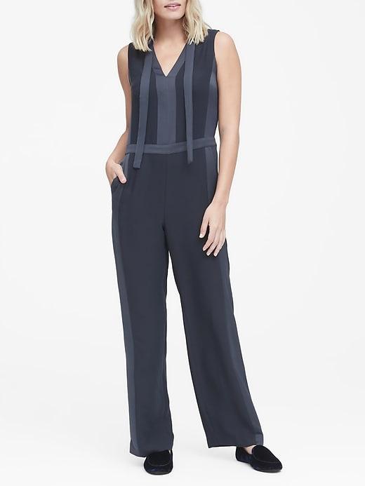 Banana Republic Womens Petite Tie-neck Tuxedo Jumpsuit Navy Blue Size 0
