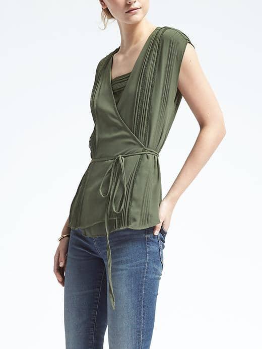 Banana Republic Easy Care Lace Trim Wrap Top - Kale