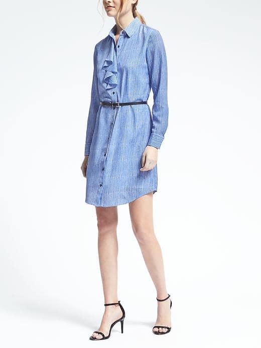 Banana Republic Womens Stripe Ruffle Front Shirtdress - Cool Water