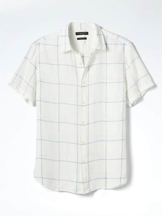 Banana Republic Mens Camden Fit Check Linen Short Sleeve Shirt - Light Blue