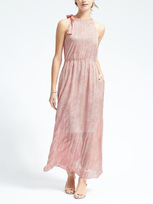 Banana Republic Womens Geo Tie Up Bow Neck Maxi Dress - White