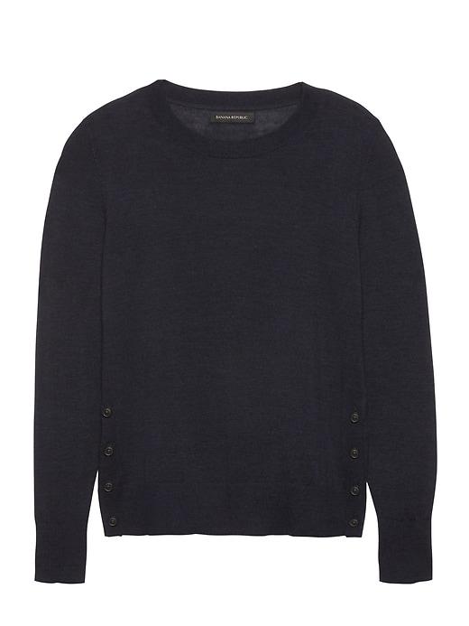 Banana Republic Womens Petite Machine-washable Merino Button-side Cropped Crew-neck Sweater Navy Size L