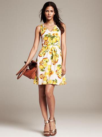 Banana Republic Lemon Print Fit And Flare Dress - White