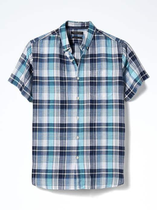 Banana Republic Mens Camden Fit Plaid Linen Cotton Short Sleeve Shirt - Comet Blue