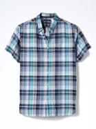Banana Republic Mens Camden Fit Plaid Linen Cotton Short Sleeve Shirt - Comet Blue