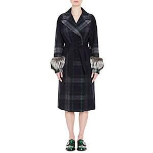 Prada Women's Fur-trimmed Plaid Wool Robe Coat - Navy
