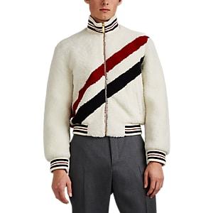 Thom Browne Men's Striped Shearling Bomber Jacket - White