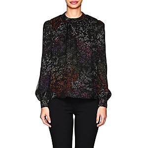 Co Women's Micro-floral Silk Chiffon Long-sleeve Blouse-black