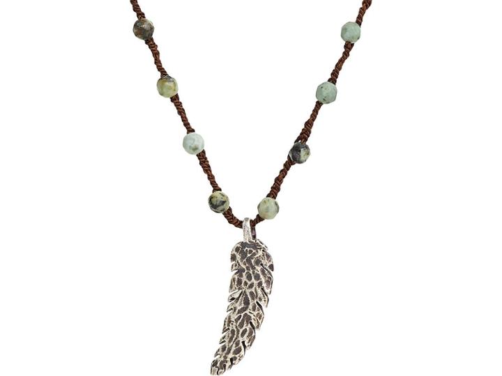 Feathered Soul Men's Feather Pendant On Turquoise Bead & Silk Cord