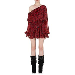 Saint Laurent Women's Ruffle Silk Off-the-shoulder Dress-black, Red