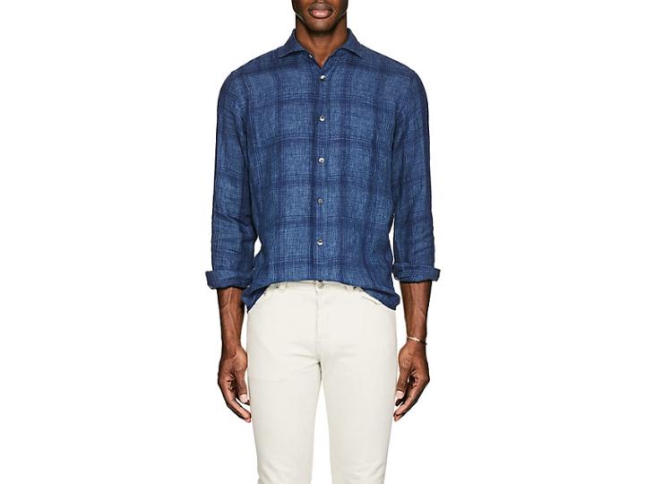 Inis Meain Men's Plaid Washed Linen Shirt