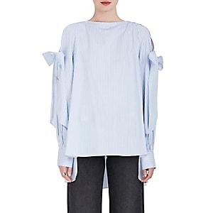 Teija Women's Striped Cotton Cold-shoulder Blouse-pale Blue Stripe 002
