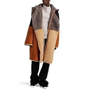 Rick Owens Men's Sisy Colorblocked Shearling Hooded Coat - Black