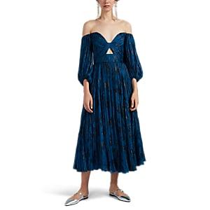 J. Mendel Women's Metallic-floral Pliss Chiffon Off-the-shoulder Dress - Blue
