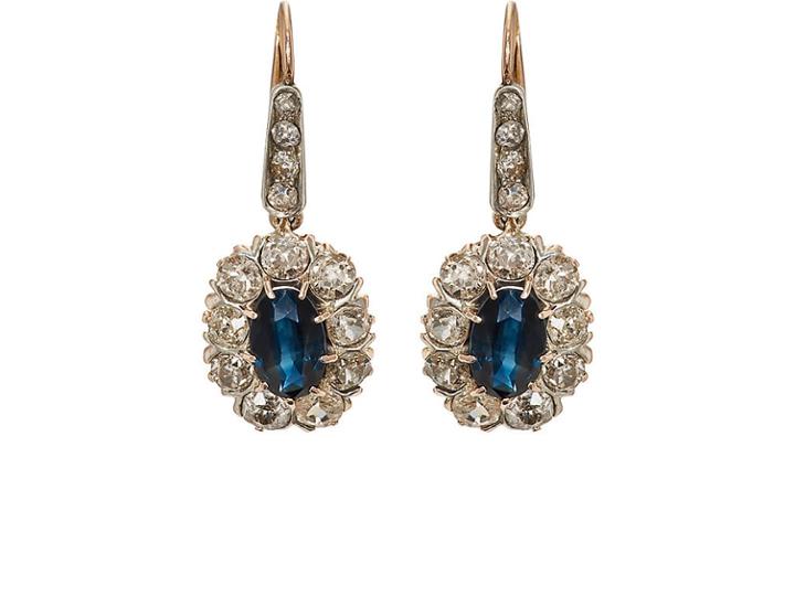 Stephanie Windsor Antiques Women's White Diamond & Blue Sapphire Drop Earrings